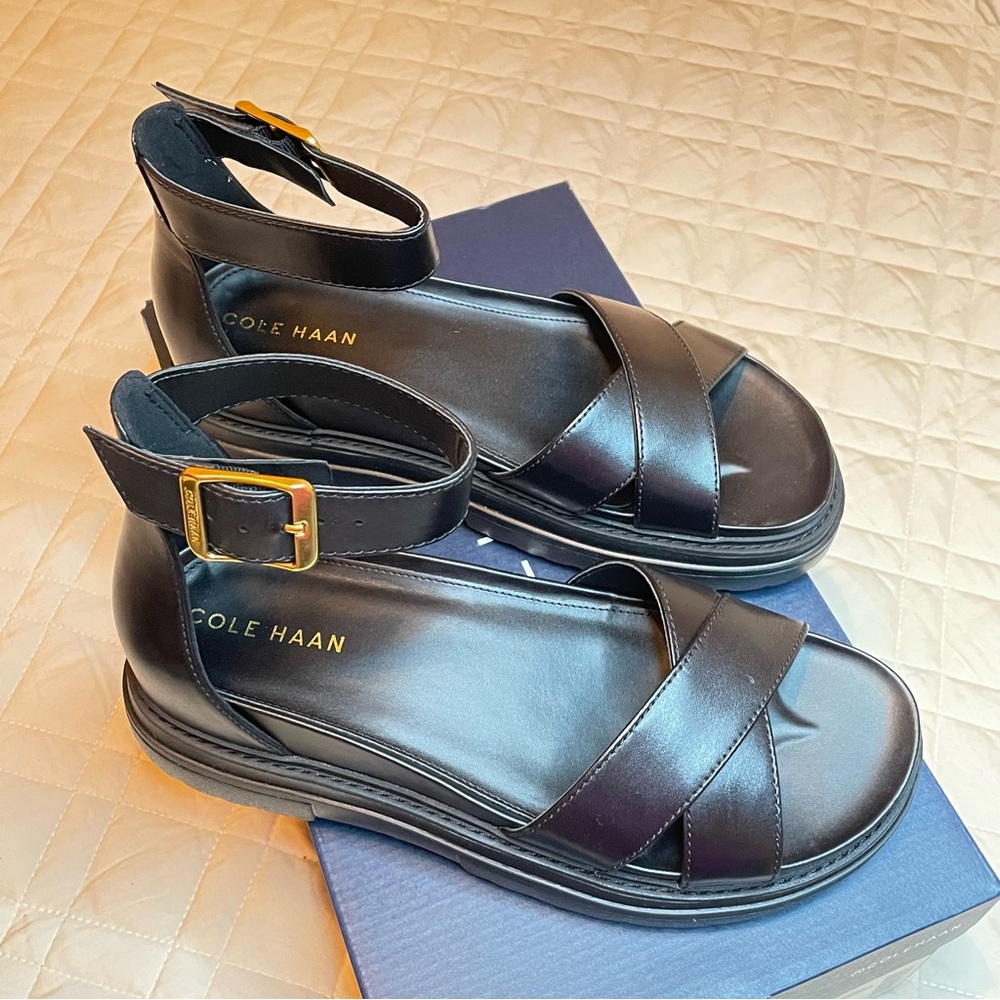 Cole Haan Black Leather Crisscross Ankle Strap Sandals with Gold Buckle - Picture 3 of 11